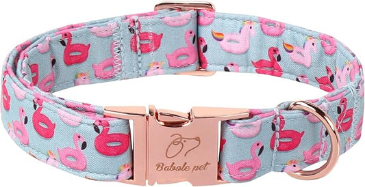Adjustable Summer Dog Collar - Cute Pink Flamingo Dog Collars for Small Dogs, Durable Boy Girl Dogs Heavy Duty Metal Buckle Collar S