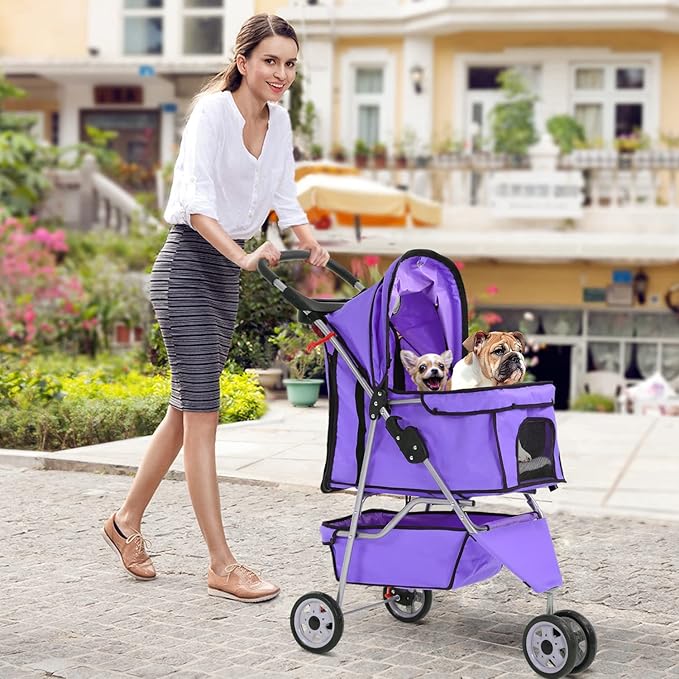 HCY Folding Dog Stroller, 3 Wheels Cat Strollers Pet Gear for Small Medium Cats Dogs Puppy with Storage Basket, Cup Holder,Lightweight-Purple, 35.04inchx17.32inchx38.58inch