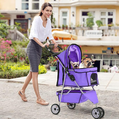 HCY Folding Dog Stroller, 3 Wheels Cat Strollers Pet Gear for Small Medium Cats Dogs Puppy with Storage Basket, Cup Holder,Lightweight-Purple, 35.04inchx17.32inchx38.58inch