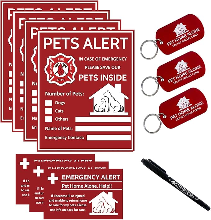 Pet Alert Sticker - Pet Inside Sticker,Safety Alert for Pets Inside,Save My pet in Case of Emergency,Rescue Pets Decal for House Window Door -4 Pack with Wallet Card & Key Tag