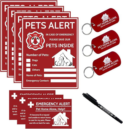 Pet Alert Sticker - Pet Inside Sticker,Safety Alert for Pets Inside,Save My pet in Case of Emergency,Rescue Pets Decal for House Window Door -4 Pack with Wallet Card & Key Tag