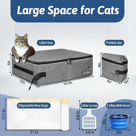 Petskd Portable Cat Travel Litter Box with Lid and 10 pcs Disposable Liner Bags, Leak-Proof and Collapsible, Cat Travel Essentials for Car, Hotel, Airplane and Other Outdoor Use(Grey)