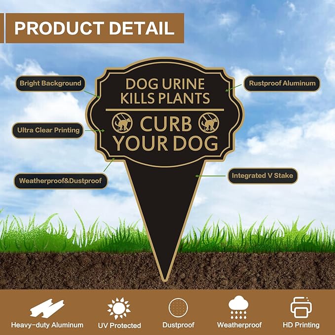Double Sided Yard Sign 2PACK, Dog Urine Kills Plants, Curb Your Pet Lawn Marker, 14”x10” No Peeing & No Pooping Yard Stake with Integrated Mount, Outdoor Use (2PACK-Dog Urine Kills Plants)