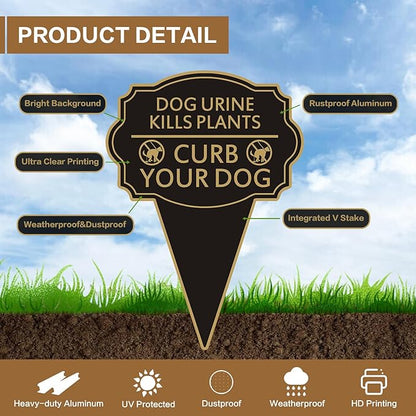 Double Sided Yard Sign 2PACK, Dog Urine Kills Plants, Curb Your Pet Lawn Marker, 14”x10” No Peeing & No Pooping Yard Stake with Integrated Mount, Outdoor Use (2PACK-Dog Urine Kills Plants)