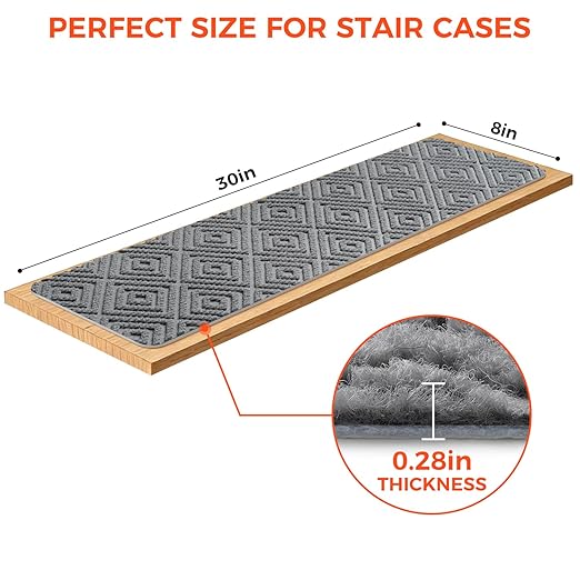BAGAIL 15 Pack Non-Slip Stair Treads for Wooden Steps, 8"x30" Peel and Stick Carpet Stair Runners, Machine Washable Indoor Step Covers with No-Residue Adhesive for Dogs, Kids & Elderly - Light Gray