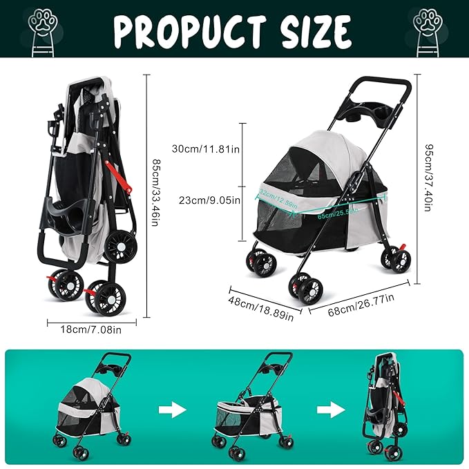 4 Wheels Pet Stroller for Medium Small Dog up to 50lbs, Dog Cat Stroller, Outdoor Travel Pet Folding Strollers, Cat Cage Strollers with Cup Holder, Breathable and Visible Mesh (1 Set-Grey)