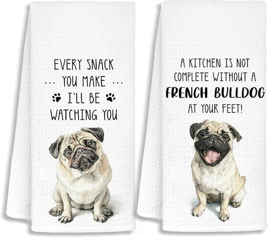 Funny Pug Kitchen Bathroom Towels, Gifts for Pug Lovers Women Dish Tea Towels, Dog Mom Dad Lovers Owner Gifts for Women Men Decorative Hand Towels for Kitchen Decor, 16x24 Inch Set of 2