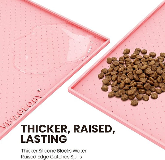 VIVAGLORY Dog Bowl Mat Grippymat Pet Food Mat, Waterproof Washable Nonslip Silicone for Pet & Cat, Food and Water Placemat with Lip & Raised Edges for Indoor Floor, L, Sakura Pink