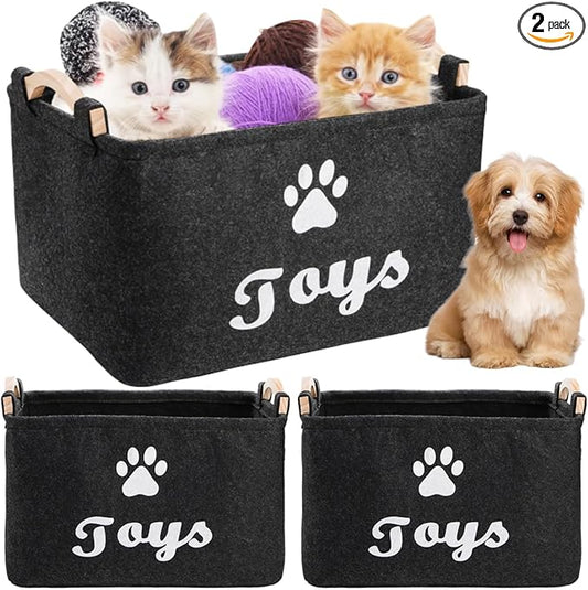 2 Pack Pet Toy Basket, Felt Collapsible Dog Toy Bin Box with Wooden Handles, Large Pet Supplies Storage Organizer for Toys, Blankets, Leashes, Clothing, 15" x 11" x 8.6''