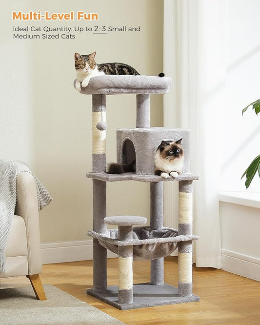MUTTROS Cat Tree for Indoor Cats, 45.7" Multi-Level Cat Tower with Large Metal Frame Hammock, Cat Condo with 4 Scratching Posts and Top Perch for Small Medium Kitty, Grey