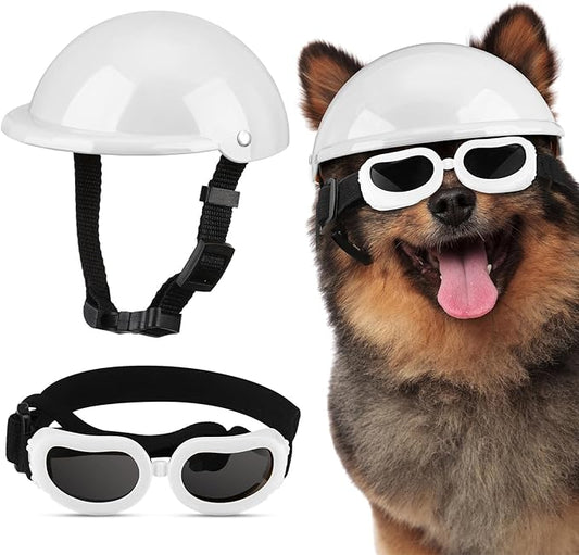 Frienda Dog Helmet and Goggles, UV Protection Doggy Sunglasses and 4 Inch Padded Puppy Motorcycle Helmet Adorable Dog Goggles with Adjustable Belt for Small Dogs Puppy Riding(White,M)
