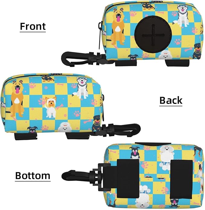 Dog Poop Bag Holder for Leashes - Lightweight Pet Waste Bags Dispenser Doggy Zippered Pouch for Puppy Walking Accessories(Plaid Dog Paw Print Bones)