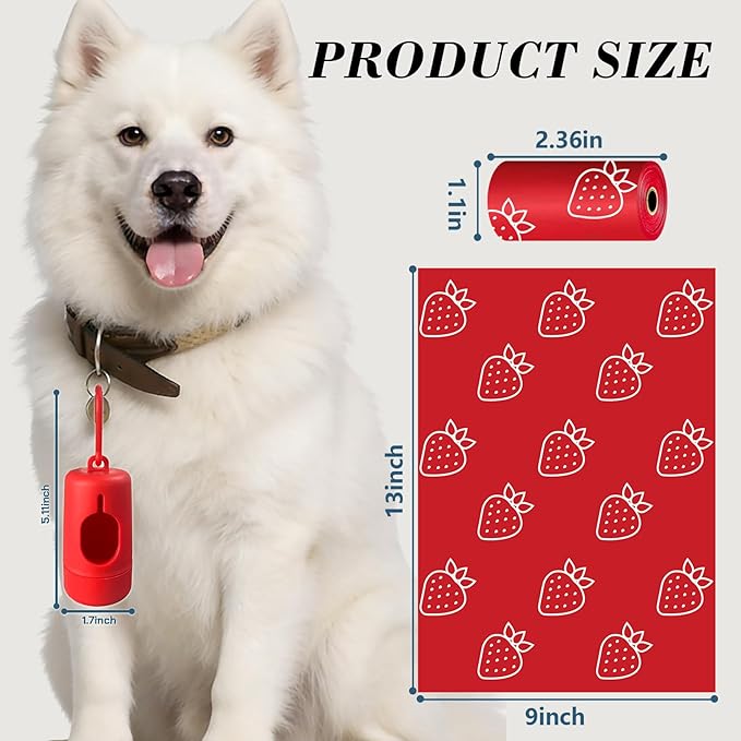 Strawberry Scented Dog Poop Bags - 120 counts red Pet Waste Bags with Dispensers, Extra Large 13x9 Inch Leak-Proof Fragrance Bags for Dogs Walking and Cat Litter