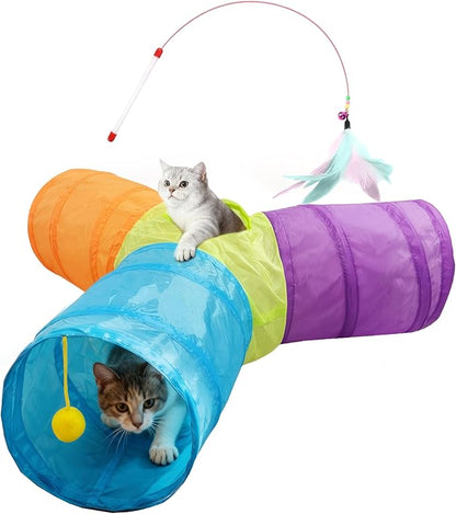 Cat Tunnel Tube Toys 3 Way Collapsible, Interactive Play Tube with Hanging Ball, Cat Tunnels for Indoor Cats, Cat Play Tunnel with Peek Hole for Kitty, Kitten, Rabbit, Puppy