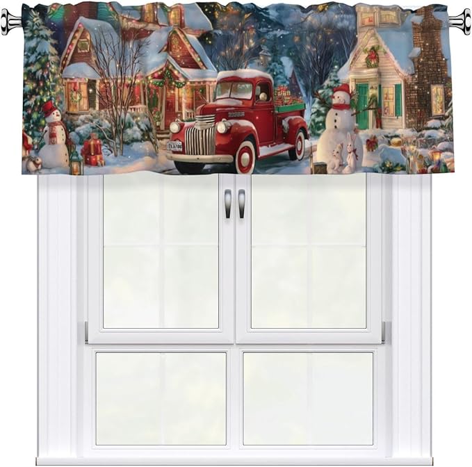 Worltoldb Christmas Red CarCurtain Valance Short Rod Pocket Window Treatment for Living Room Bedroom Kitchen Bathroom 1 Panel 54" W x 18" L