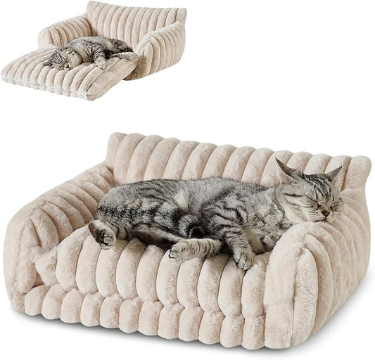 Hollypet Cat Bed Fluffy Plush Mutifuctional Double-Layer Soft Pet Couch Orthopedic Sofa Nest Beds for Small Cats and Dogs, Cream (21x15x8 inch)