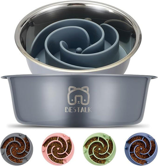 2-in-1 Metal Slow Feeder Dog Bowl, Bestalk Stainless Steel Dog Bowls with Silicone Slow Feeder Insert, Food Grade 304 Water Food Bowl with Anti-Slip Base for Small, Medium, Large Dogs