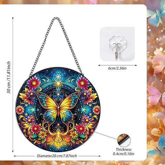 Stained Glass Window Hanging, 7.8″ Butterfly Flower Sun Catchers with Hook Indoor Window Decor, Decorative Suncatchers Hanging Ornaments Home Garden Art Gift for Housewarming