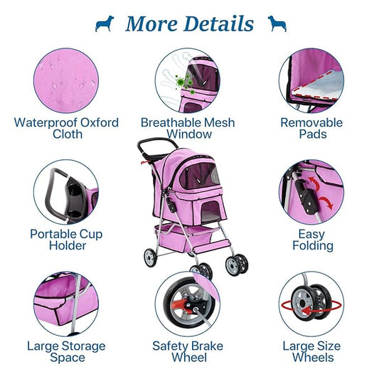 HHS Pet Stroller Cat Dog Strollers for Small Medium Dogs Double Puppy Doggie Carrier with Storage Basket and Cup Holder Foldable Travel Jogging Cart, Pink 17.5(L)*33(W)*38.6(H) inch