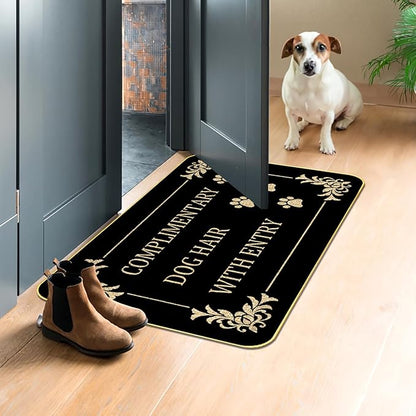 Funny Dog Welcome Mat “COMPLIMENTARY Dog Hair” Doormat with Paw Print Design, 17" x 29" Non-Slip Indoor Outdoor Entry Rug, Pet Lover Gift for Porch or Entryway