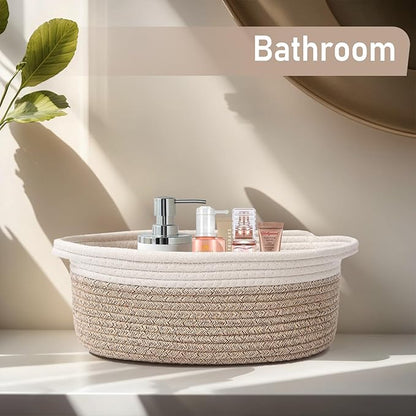 Woven Basket,Small Rope Storage Bin with Handles & Ribbon Bag, Organizer for Shelves Closets,Gift Basket Empty for Birthday,Books,Dog Toys, White&Oatmeal