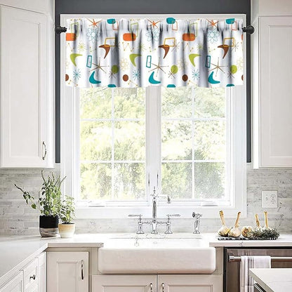 Mid Century Window Valance Curtains, Retro Atomic Starburst Vintage Modern Abstract Geometric Pattern 50s 60s Curtain Valance for Bedroom Living Room Kitchen 54x18inch