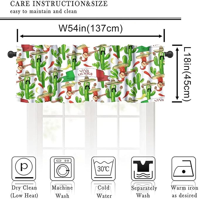 Mexican Style Valances Curtain for Kitchen, Funny Peppers Cactus Playing Maracas Guitar Pattern Window Treatment Valances Short Curtains Rod Pocket Drape for Dining Room Home Decor, 54x18inch