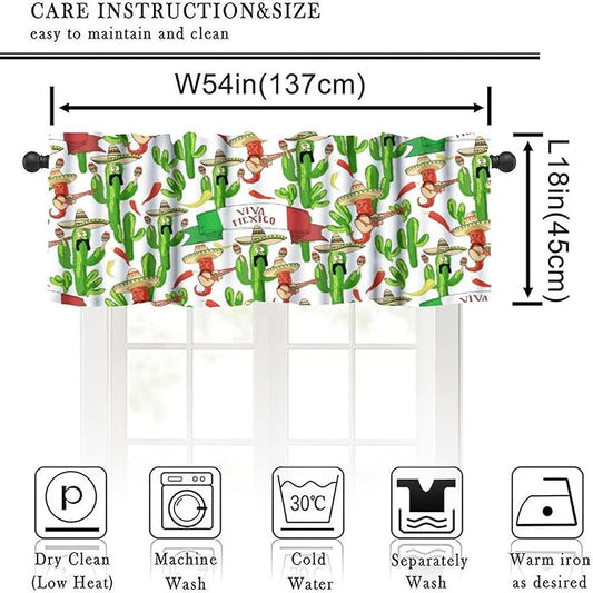 Mexican Style Valances Curtain for Kitchen, Funny Peppers Cactus Playing Maracas Guitar Pattern Window Treatment Valances Short Curtains Rod Pocket Drape for Dining Room Home Decor, 54x18inch