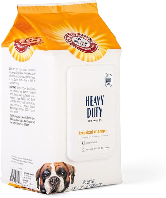 Arm & Hammer for Pets Heavy Duty Multipurpose Dog Wipes, Paw and Butt Wipes for Dogs to Help Clean Deodorize and Freshen Coat and Skin Between Baths, Mango Scent, 100 Count
