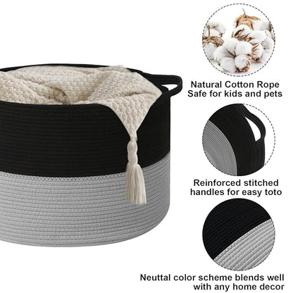 65L Large Blanket Basket,19.7"L x 19.7"W x 13"H Rope Woven Baskets with Handles, Toys Storage Bins,Laundry Basket Perfect for Living Room, Nursery,Bedroom,Home Organization,Black&Light Grey