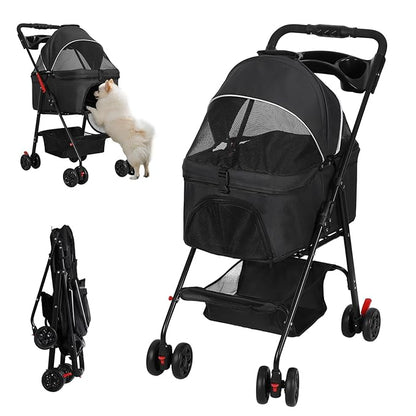4 Wheels Pet Stroller,Dog and Cat Foldable Strollers, Removable Carrier, Breathable Mesh Canopy, Storage Basket and Cup Holder, Lightweight Travel Carrier, Pet Carrying Cart for Walks Outings Shoppin