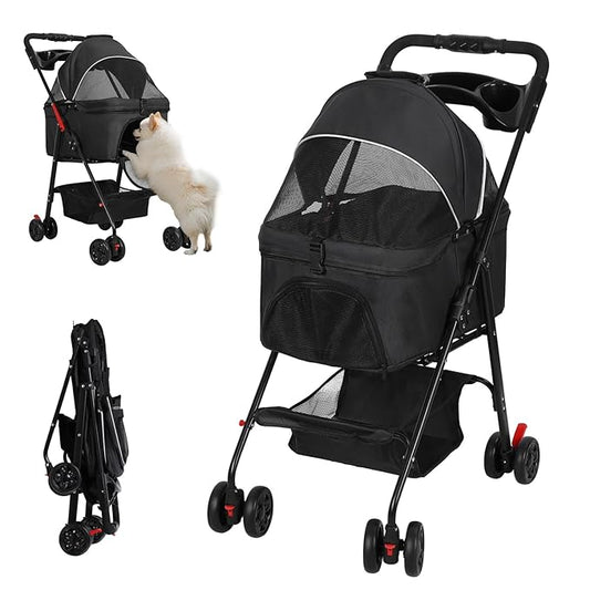 4 Wheels Pet Stroller,Dog and Cat Foldable Strollers, Removable Carrier, Breathable Mesh Canopy, Storage Basket and Cup Holder, Lightweight Travel Carrier, Pet Carrying Cart for Walks Outings Shoppin