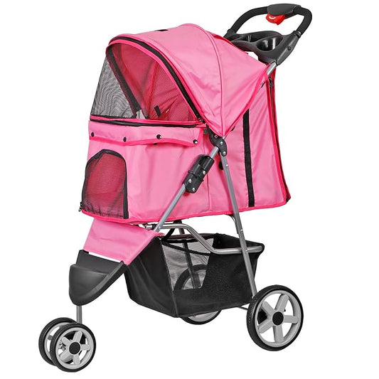 LEMY Foldable Pet Stroller,3 Wheels Cat/Dog Stroller with Weather Cover for Small/Medium Dogs and Cats,Pink Pet Strolling Cart with Storage Basket and Cup Holder