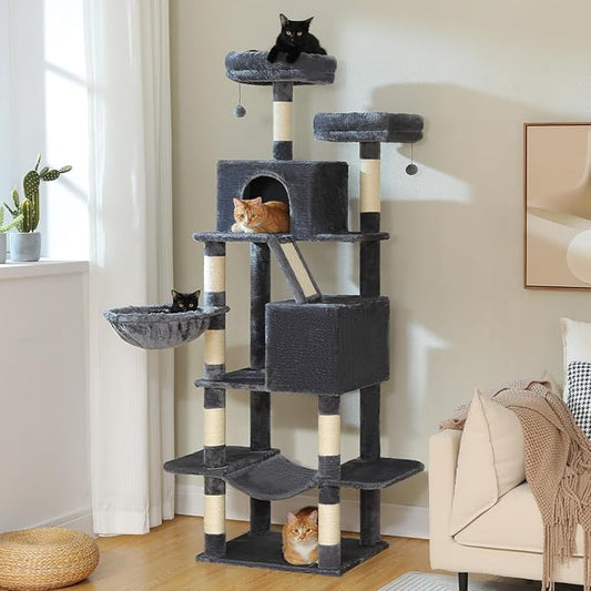 MUTTROS 70.8" Tall Cat Tree for Large Cats, Multi-Level Cat Tower with 8 Sisal Scratching Posts, 2 Top Perches, Big Condo, Large Hammock, and Cat Furniture for Indoor Cats, Dark Gray