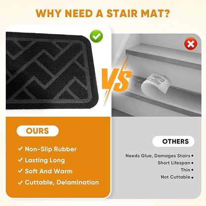 15 Pack 8 "X 30" Non Slip Stair Treads for Wooden Steps, Carpet Stair Treads Made of Polyester and Reusable Adhesive, Stair Runner Rugs for Kids, Elders and Pets (Black)