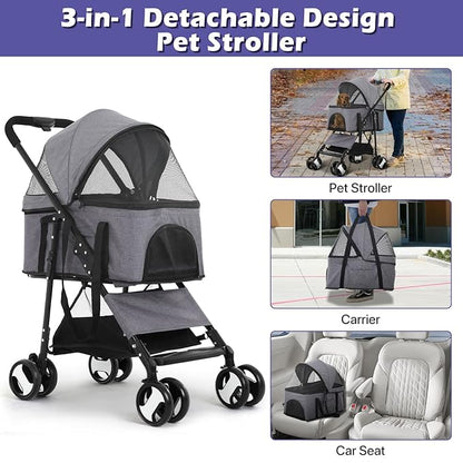 3-in-1 Folding Pet Stroller for Medium Small Dogs Cats - 4 Wheels Lightweight Travel With Detachable Carrier, Grey