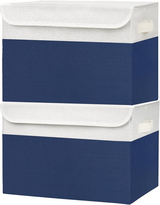 Large 42 Quarts Fabric Storage Bins with Lids [2-Pack] Linen Collapsible Foldable Baskets, Closet Organizer Containers boxes with Handles for Home Office (16.7 x 12 x 12, Navy Blue & White)