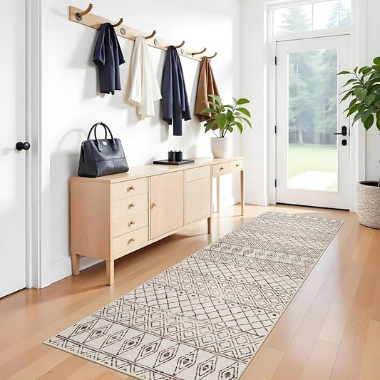 3x10 Runner Rug for Hallway - Machine Washable Rug Runners Low Pile Rug with Rubber Backing Floor Mat Non Slip Moroccan Indoor Carpet for Kitchen Bedroom Entryway 3x10 Geo Beige