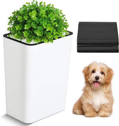 Jingmore Dog Poop Trash Can Outside 3.96 Gal/15 L Plant Styled Dog Waste Trash Can with Lid 50 Pcs Plastic Waste Bags Outdoor Indoor Poop Container Slim Garbage Bin for Yard Garden Pet (White)