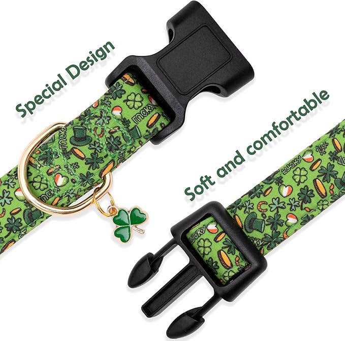 Faygarsle St Patrick's Day Dog Collar Cute Holiday Collar for Small Medium Large Dogs Green Trefoil Print Lucky Straw Cotton Dog Collar L