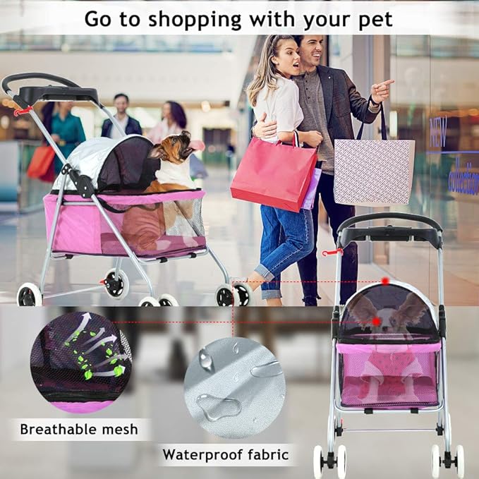 4 Wheels Pet Stroller,Dog Cage Protable Travel Folding Carrier Cart Waterproof Buggy Doggie Dog Stroller Jogger with Cup Holders for Small-Medium Pink