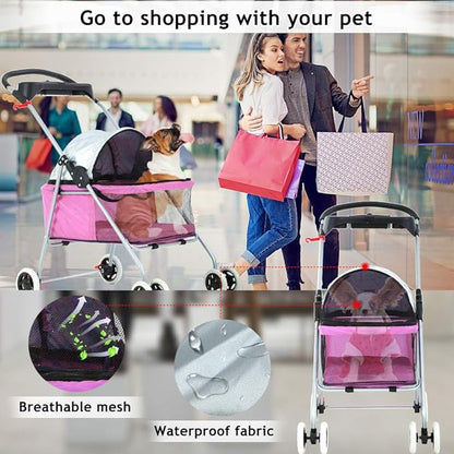 4 Wheels Pet Stroller,Dog Cage Protable Travel Folding Carrier Cart Waterproof Buggy Doggie Dog Stroller Jogger with Cup Holders for Small-Medium Pink