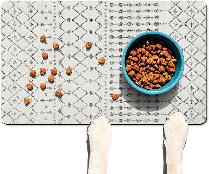 Dog Food Mats for Floors Absorbent, Cat Food Mat - Pet Cat Feeding Mat Quick Dry, Dog Bowl Mats for Water, Pet Supplies Feeding Placemat 16" x 24" White Boho