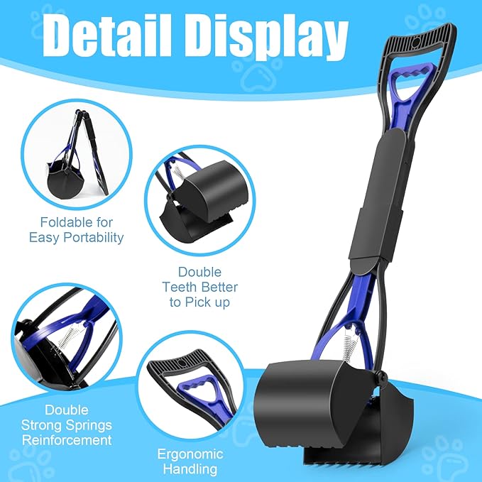 70cm Pet Pooper Scooper for Dogs and Cats with Long Handle High Strength Material and Durable Spring for Easy Grass and Gravel Pick Up(Blue)