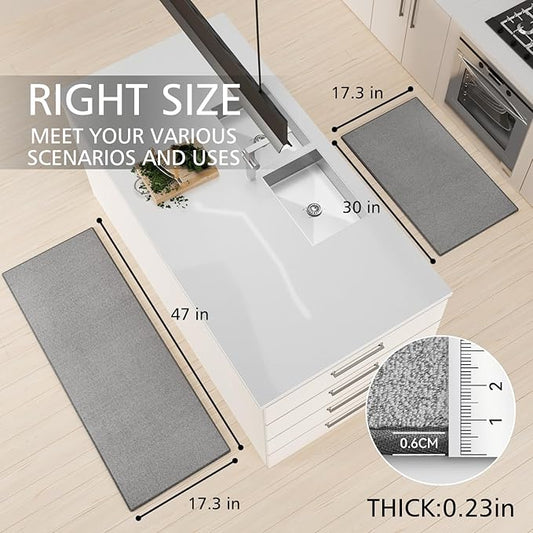 Kitchen Mat Set of 2 PCS, Cushioned Non Slip Rugs for Kitchen Floor, Absorbent Runner Comfort Standing Mats Washable for Kitchen, Office, Home (Grey-Velvet, 17.3"x47"+17.3"x30")