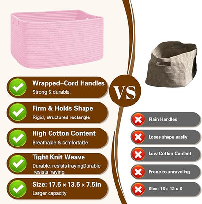 4 Pack Large Storage Basket for Organizing, 17.5"x13"x7" Woven Basket for Shelves, Closet Cube Storage Bins with Wrapped Handle, Cotton Rope Baskets for Kitchen, Clothes, Toys(Light Pink)