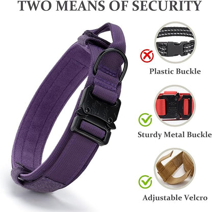 Tactical Dog Collar, Adjustable Military Training Nylon Dog Collar with Control Handle and Heavy Quick-Release Metal Buckle for Small Medium Large Dogs, Purple M