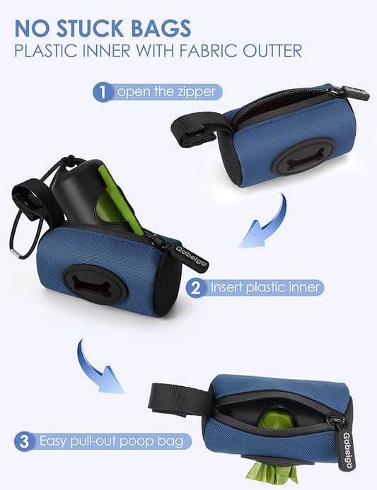 Gobeigo【Easy Pull-Out Version】 Dog Poop Bag Holder,【2-in-1 Hard Plastic Insert & Soft Fabric Bag】Snap-On Strap Dispenser Fits Retractable and Standard Leashes with 1 Roll Bags (Navy Blue)