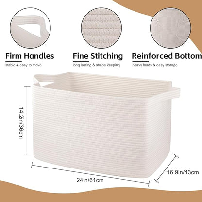95L Extra Large Blanket Basket, 24" x 16.9" x 14.2" Woven Storage Basket for Living Room, Rectangle Nursery Blanket Storage for Toys, Towels, Dirty Clothes (White)