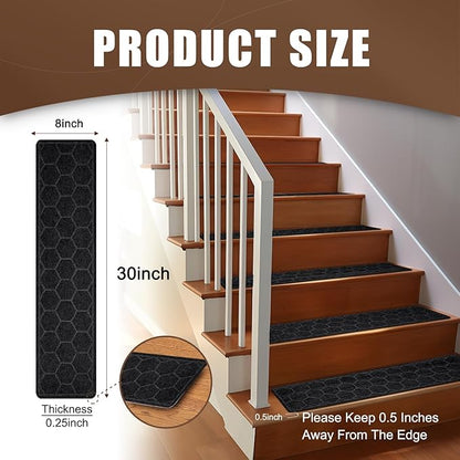 15 Pack 8 "X 30" Non-Slip Carpet Stair Treads for Indoor Wooden Steps, Made of Polyester and Reusable Adhesive, Suitable for Kids Elders and Pets（Black Hexagon）